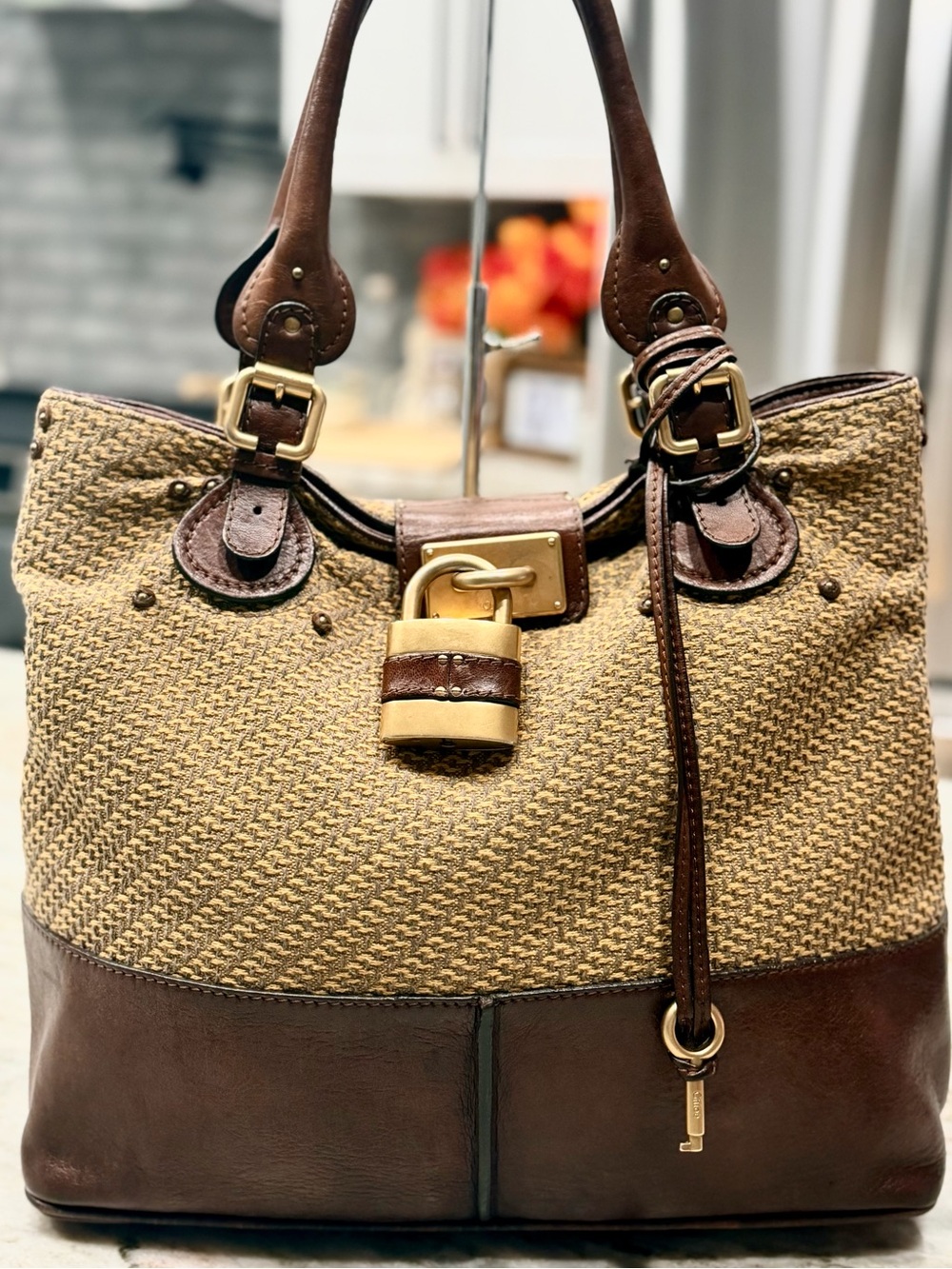 Chloe Authentic Large Tweed & Brown Leather Tote Bag with Gold Lock